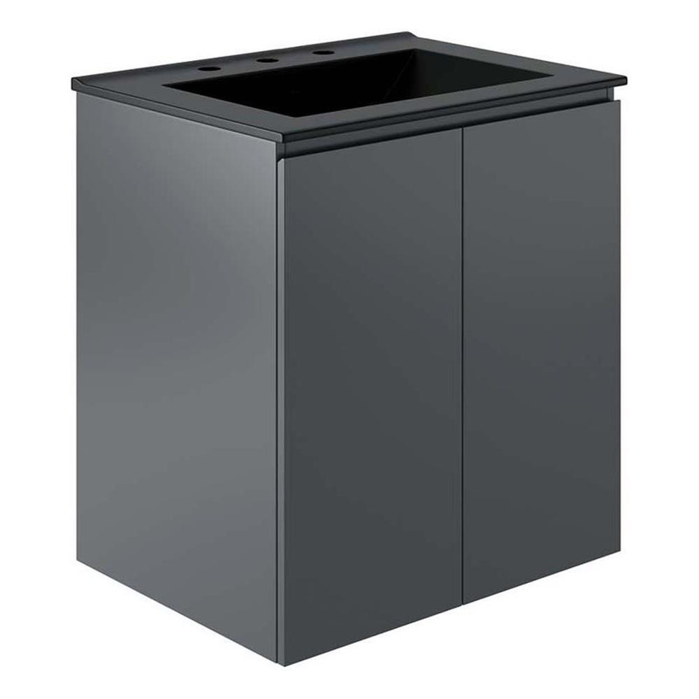 Modway Bryn 24″ Modern Wood/Ceramic Wall-Mount Bathroom Vanity in Gray/Black