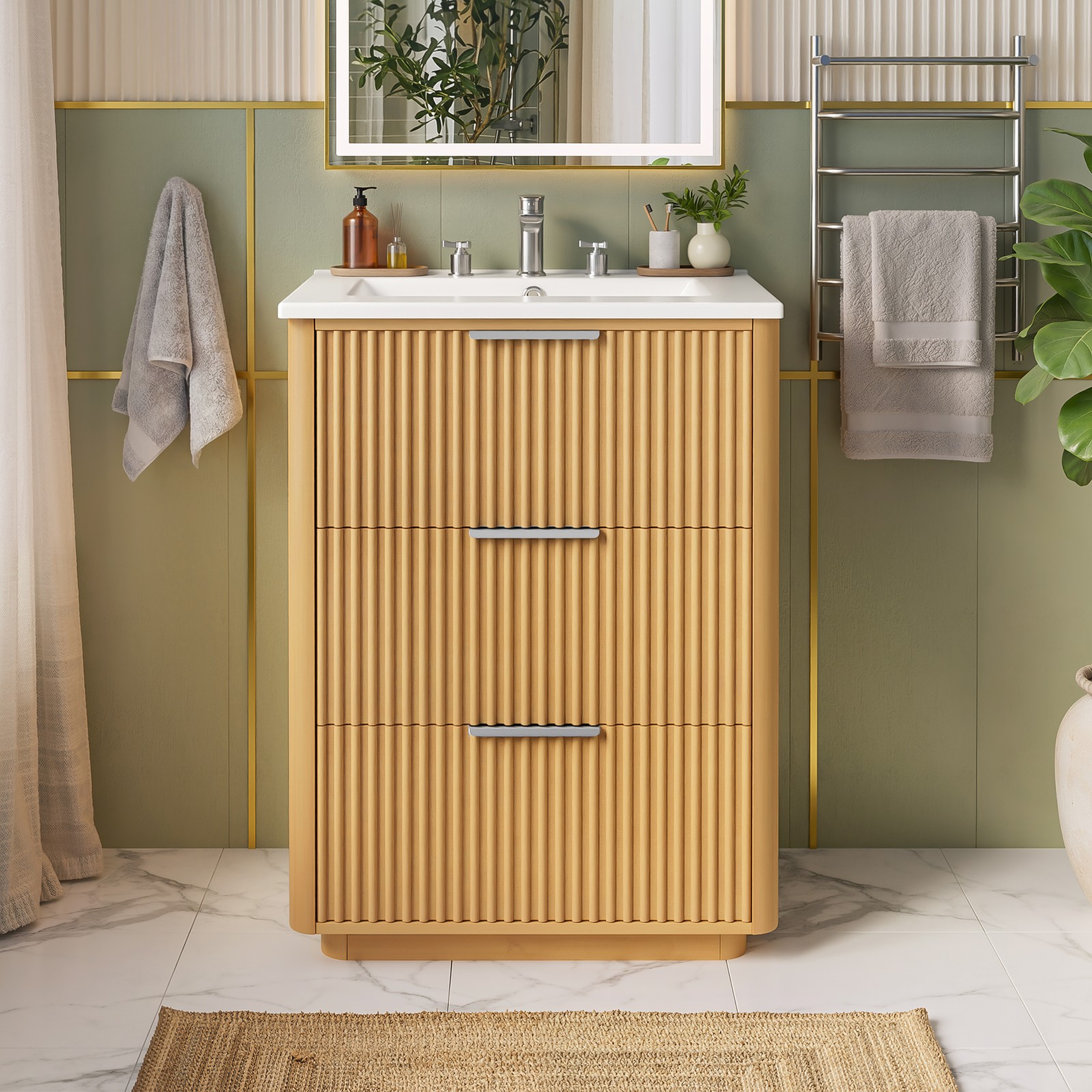 24 Inch Modern Bathroom Vanity with Ceramic Sink, Wood Cabinet
