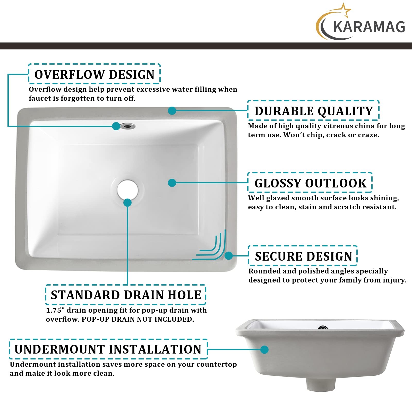18 Inch Undermount Bathroom Sink Small Rectangle Undermount Sink White Cerami…