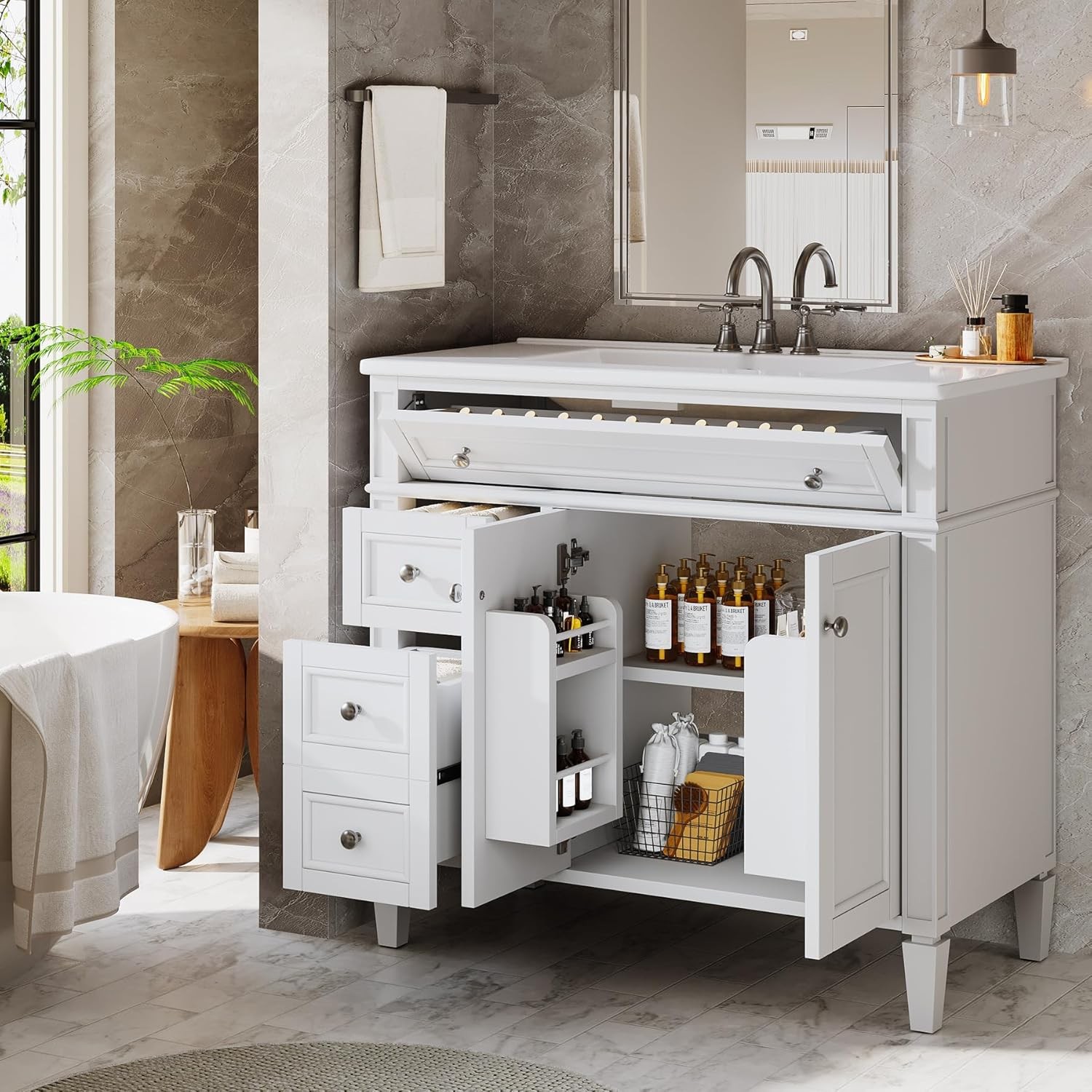 36″ Bathroom Vanity with Sink with 4 Drawers & 2 Doors, Bathroom Sink Cabinet