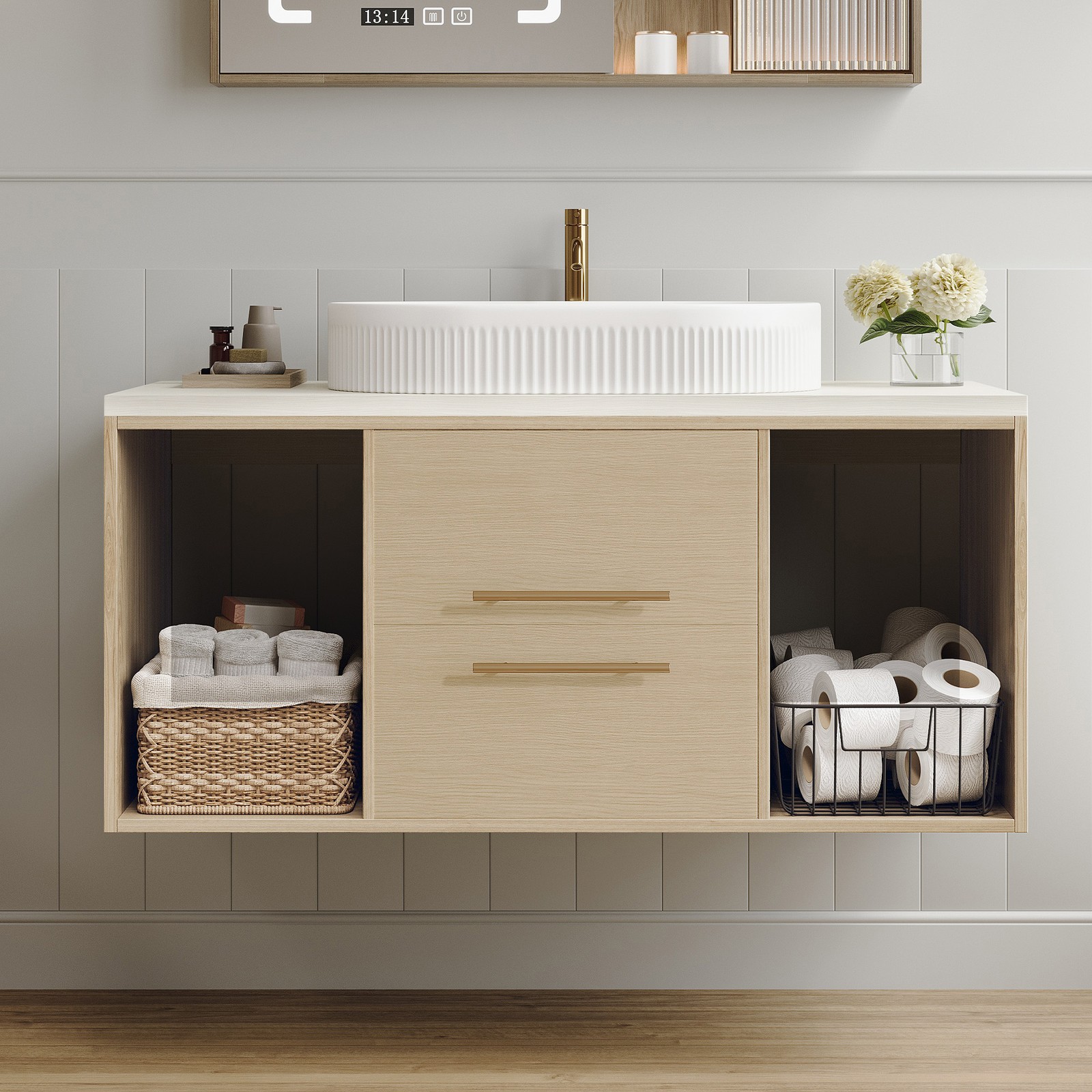 39.3″ Floating Bathroom Vanity with Ceramic Sink & Wood Cabinet