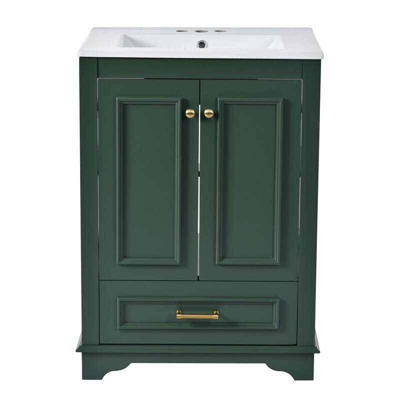24” Bathroom Vanity with Ceramic Sink Combo Green Cabinet w/Doors & Drawers