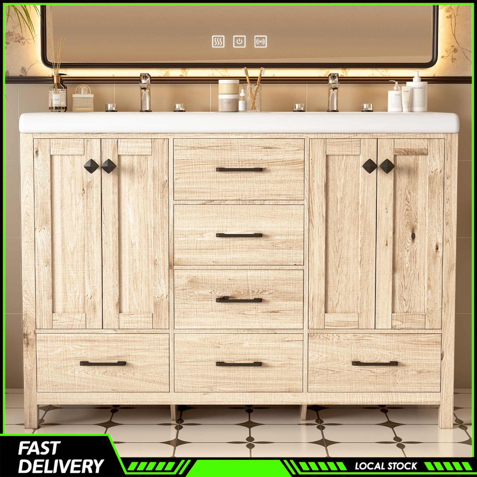 Bathroom Vanity 47 Inch Double Ceramic Sinks Combo Storage Doors and Drawers