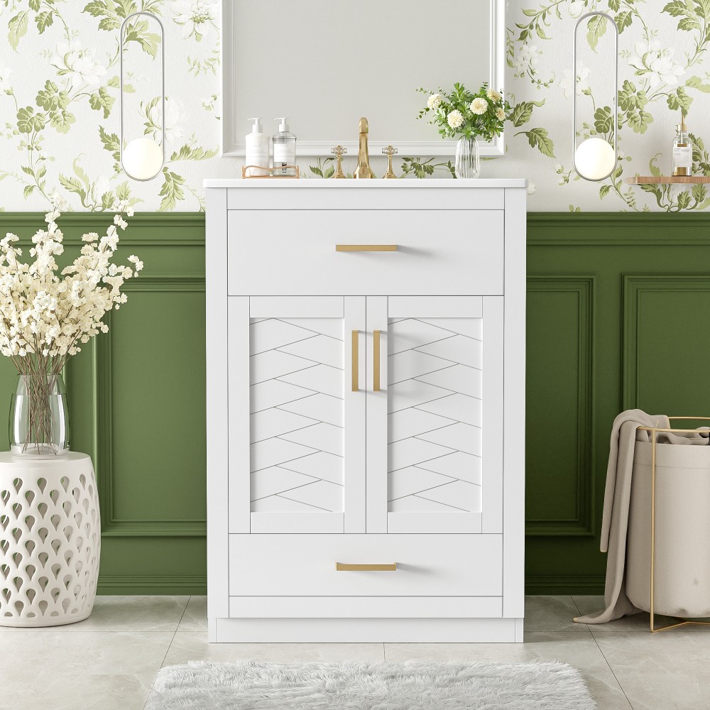 24in Bathroom Vanity Integrated Ceramic Sink 2 Doors 1 Tip-out Drawe
