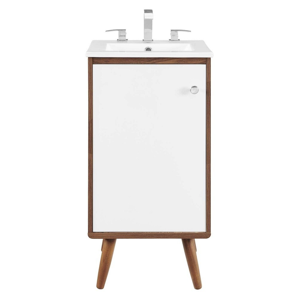 White Mid Century Modern Walnut Bathroom Vanity Ceramic Sink Single Double