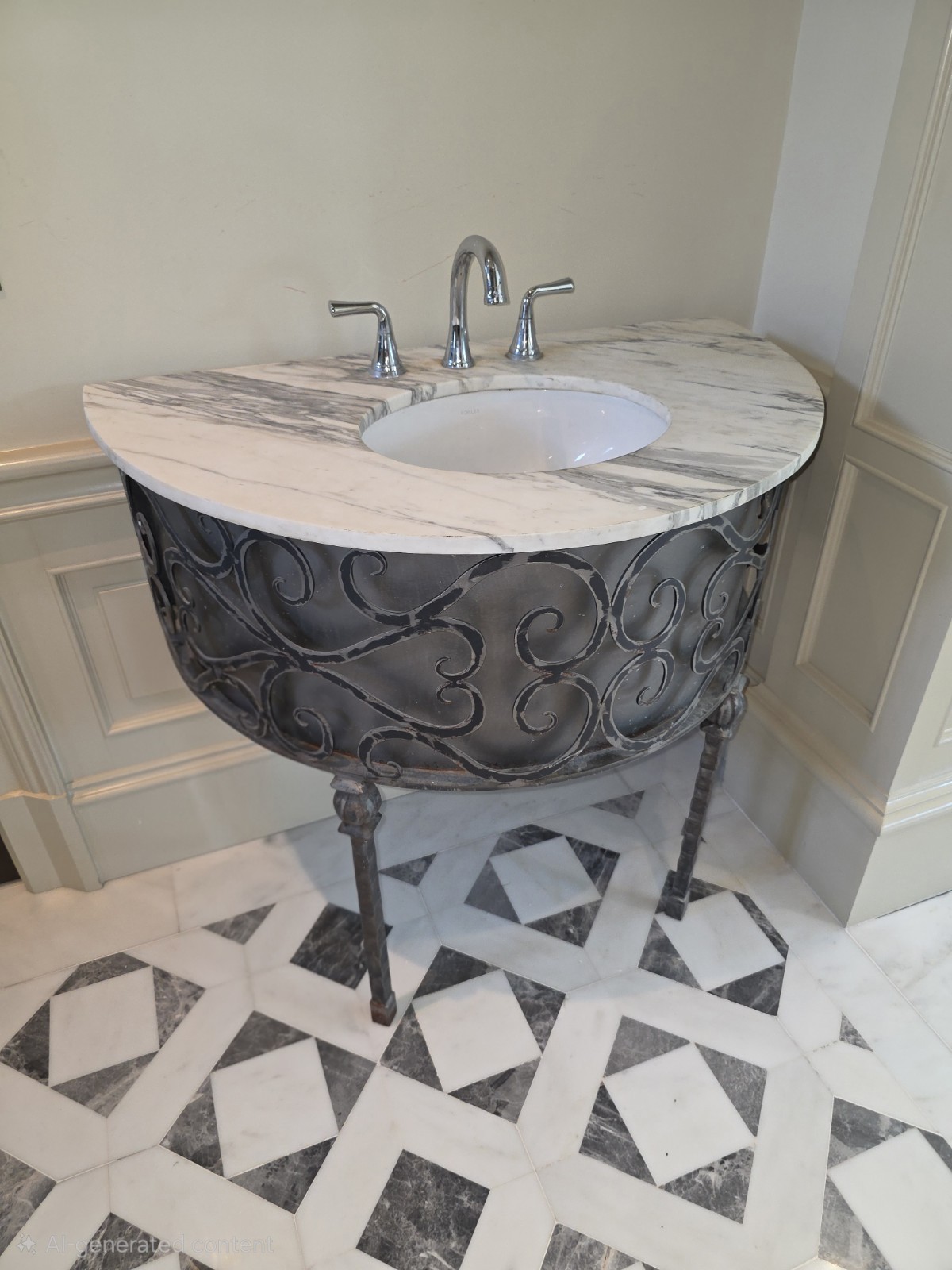 Wrought Iron Powder Room Bathroom Console Vanity With Marble Top