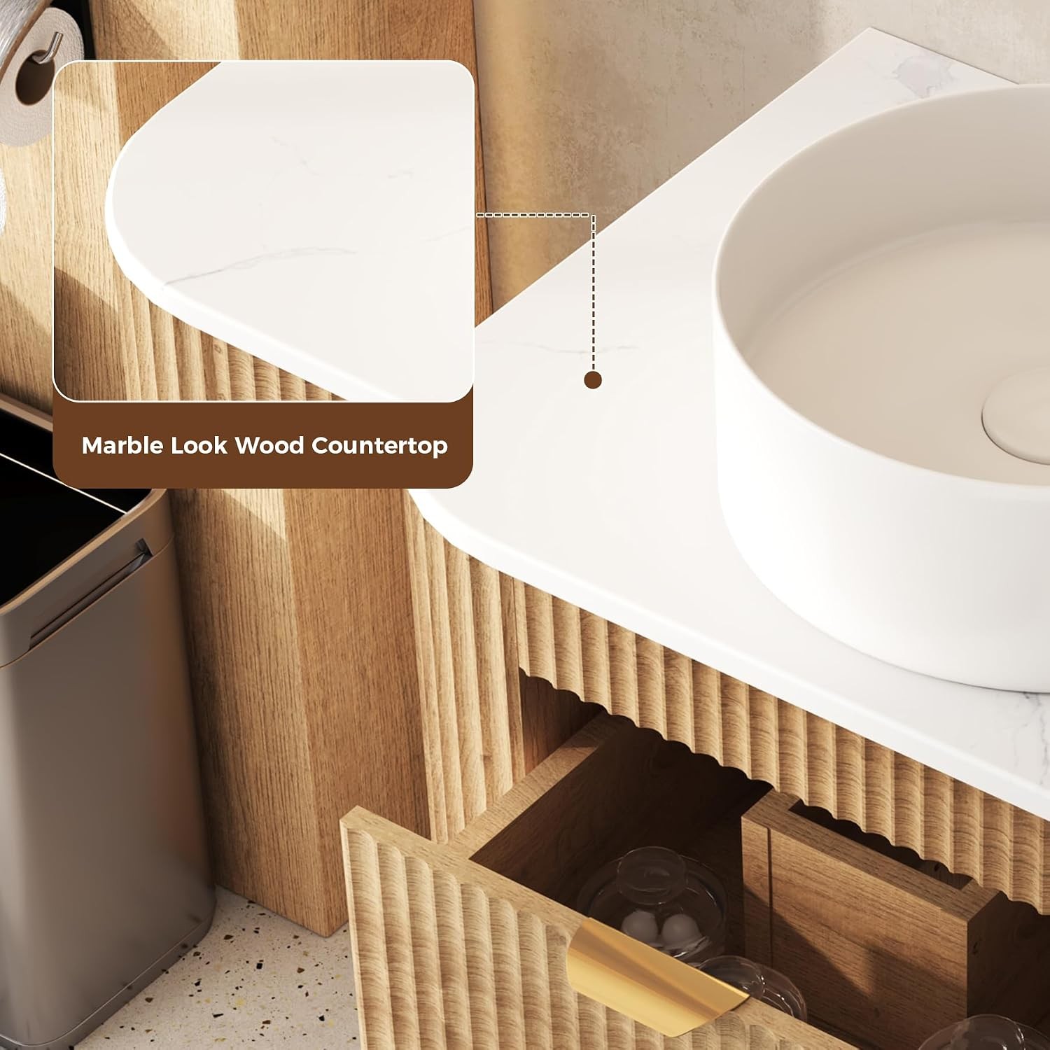 24 Inch Bathroom Vanity W/ Sink Floating Vanity W/ Ceramic Sink Combo Fluted