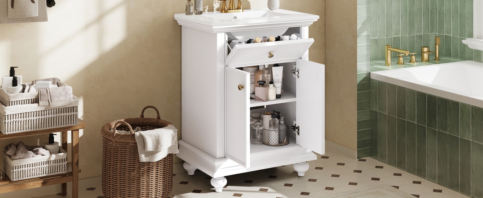 24″ Modern Bathroom Vanity with A Tip-Out Drawer & Soft-Close Hinges White