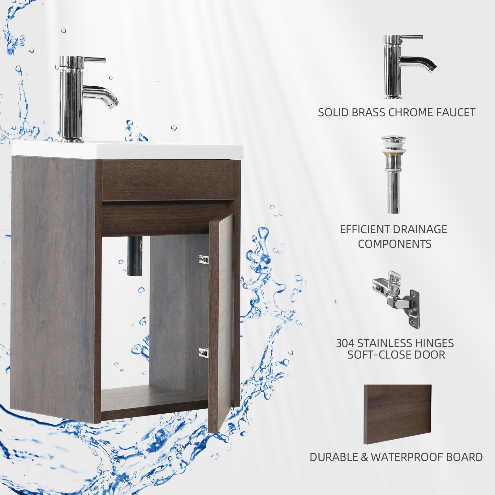 16″ Bathroom Vanity With Sink Wall Mount Floating Cabinet for Small Roomw/Faucet