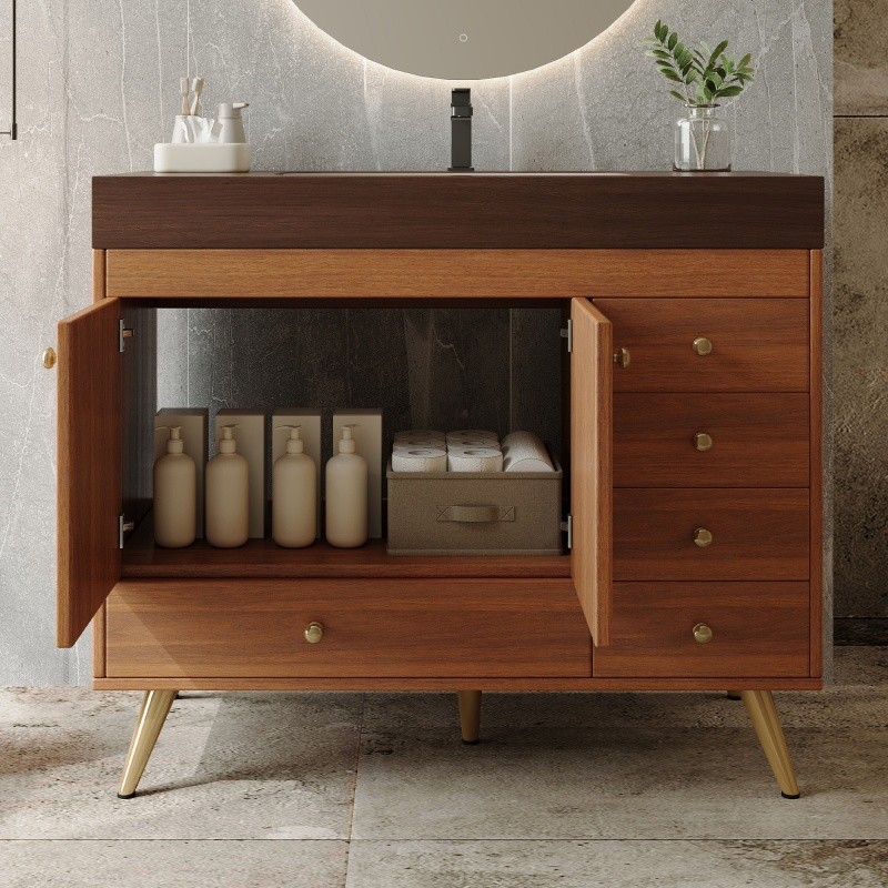36″ Freestanding Bathroom Vanity with Faux Marble Top, Ceramic Sink & 5 Drawers