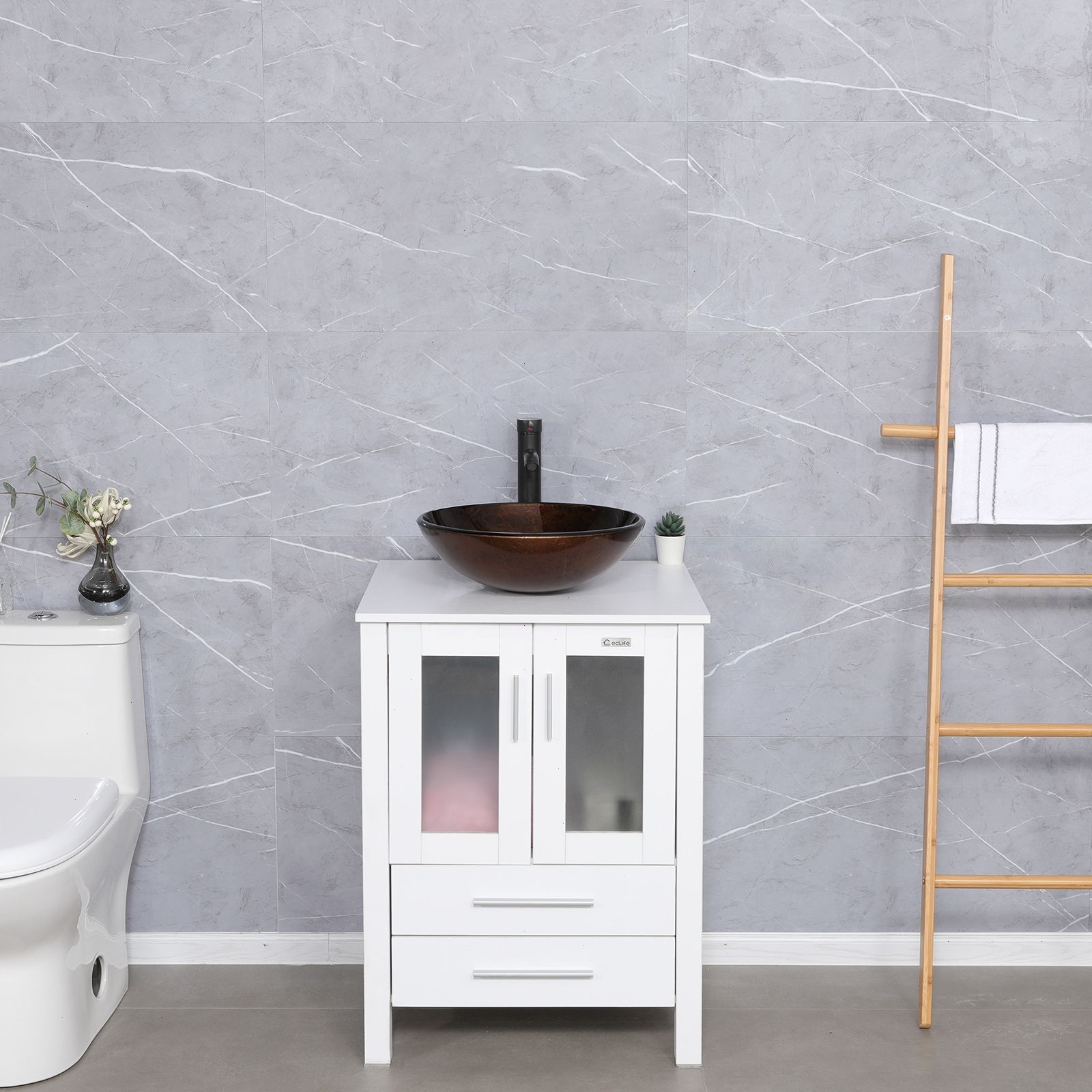 72″ Bathroom Vanity Set White Small Cabinet Combo W/ Vessel Glass Sink No Mirror