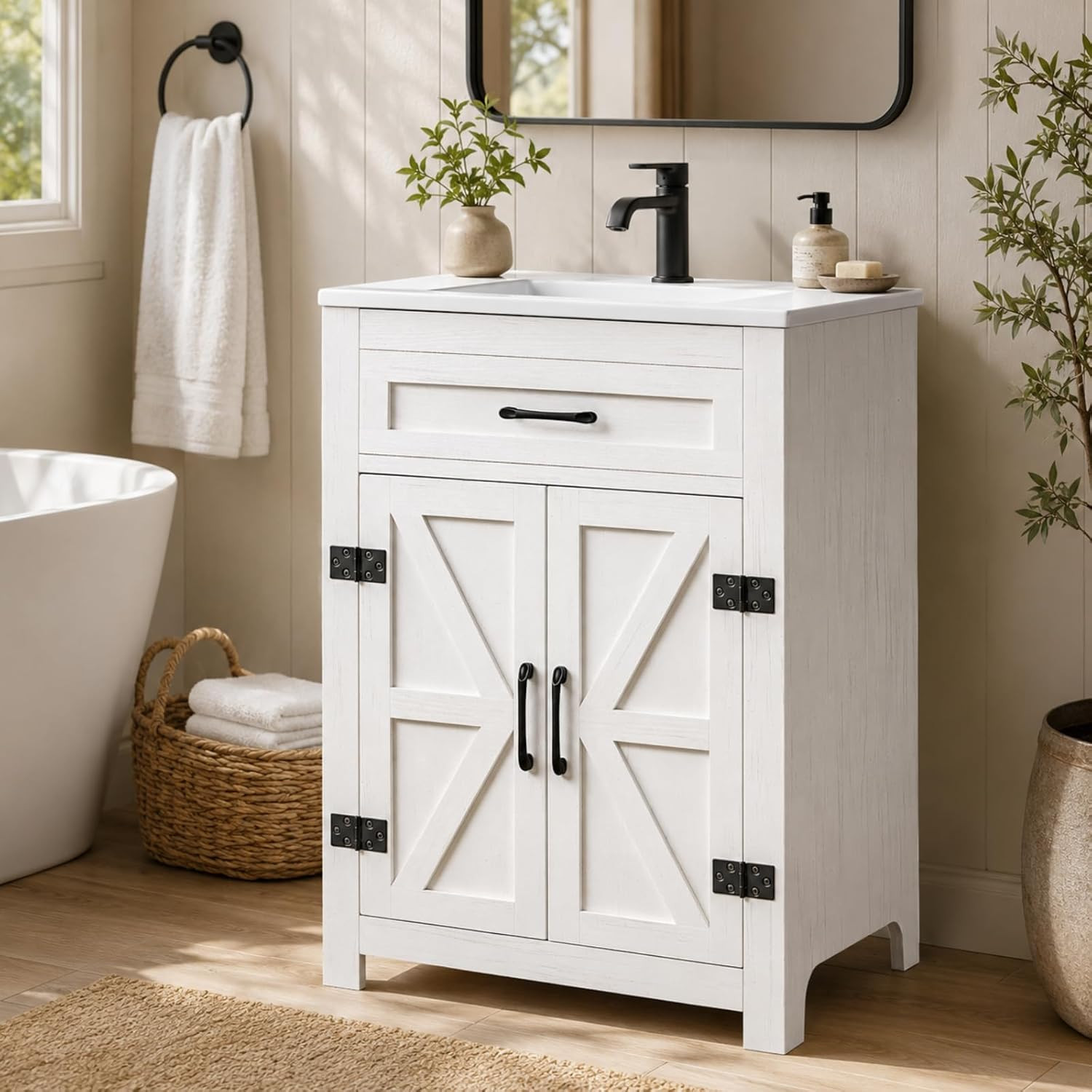 24 Inch Bathroom Vanity with Sink, Mid-Century Modern Vanity with Ceramic Basin