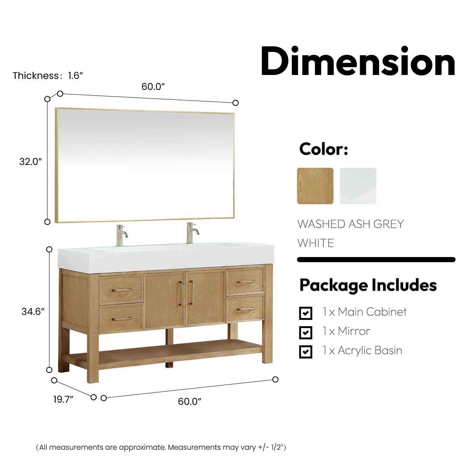 Vera 60″ Single Bath Vanity in Washed Ash Grey w/ White Integrated Sink & Mirror