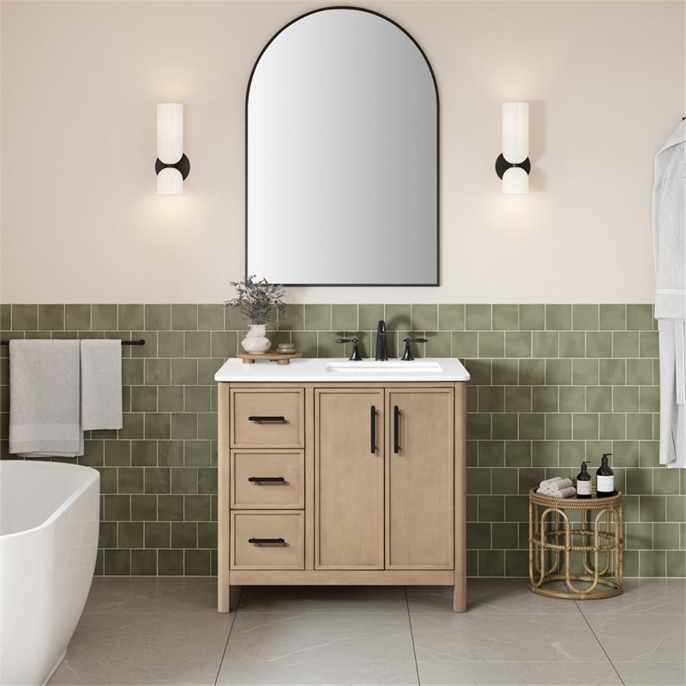 Pemberly Row 36″ Bathroom Vanity in Sahara Birch with White Countertop