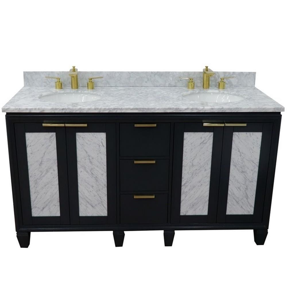Pemberly Row 61″ Solid Wood Double Oval Sink Vanity in Dark Gray/White Carrara