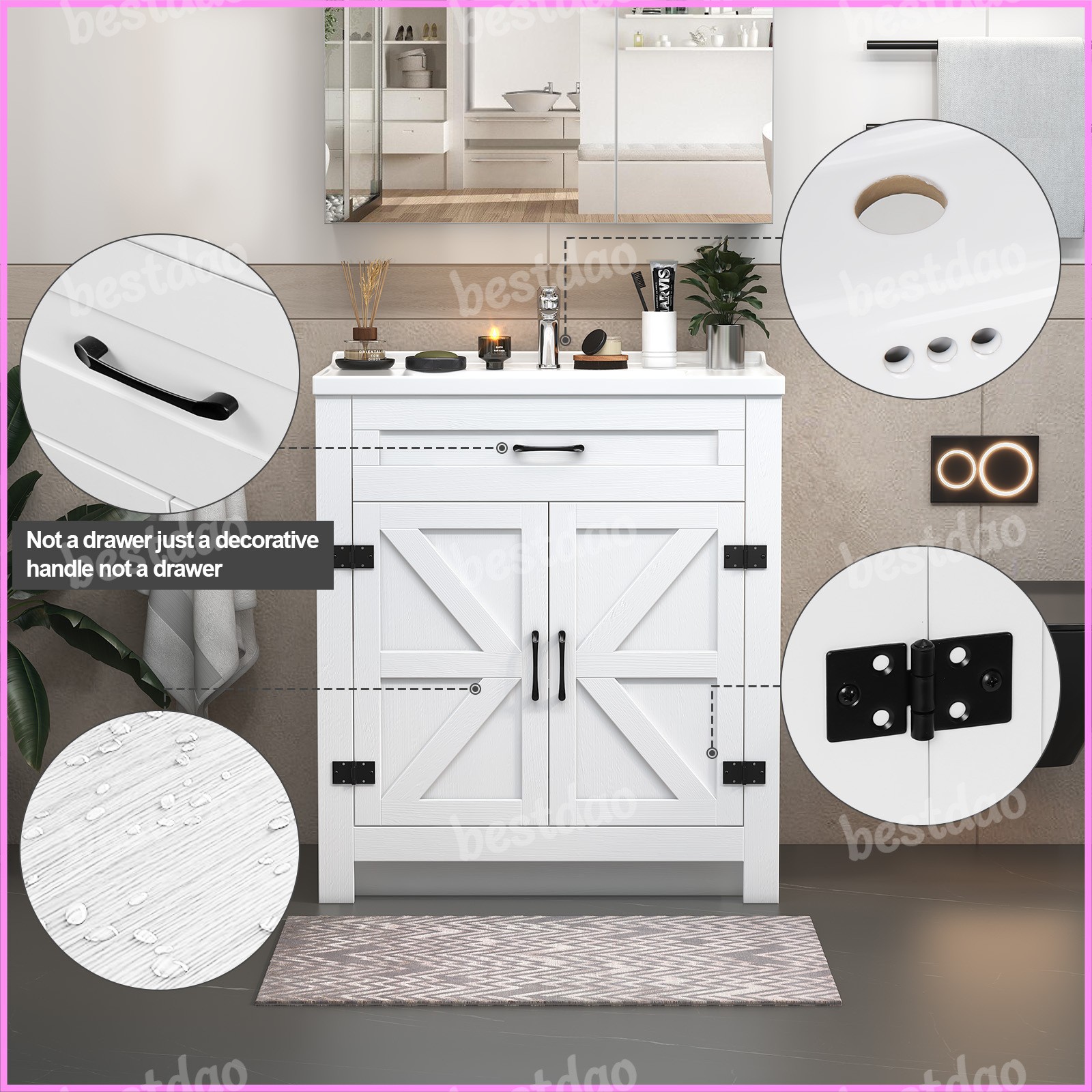 31 Inch Bathroom Vanity Cabinet Ceramic Sink Double Doors Storage Cabinet