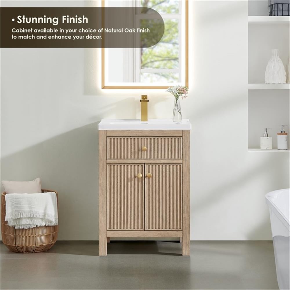 Pemberly Row 24″ Wood Vanity in Natural Oak Ceramic Integrated Sink no Mirror