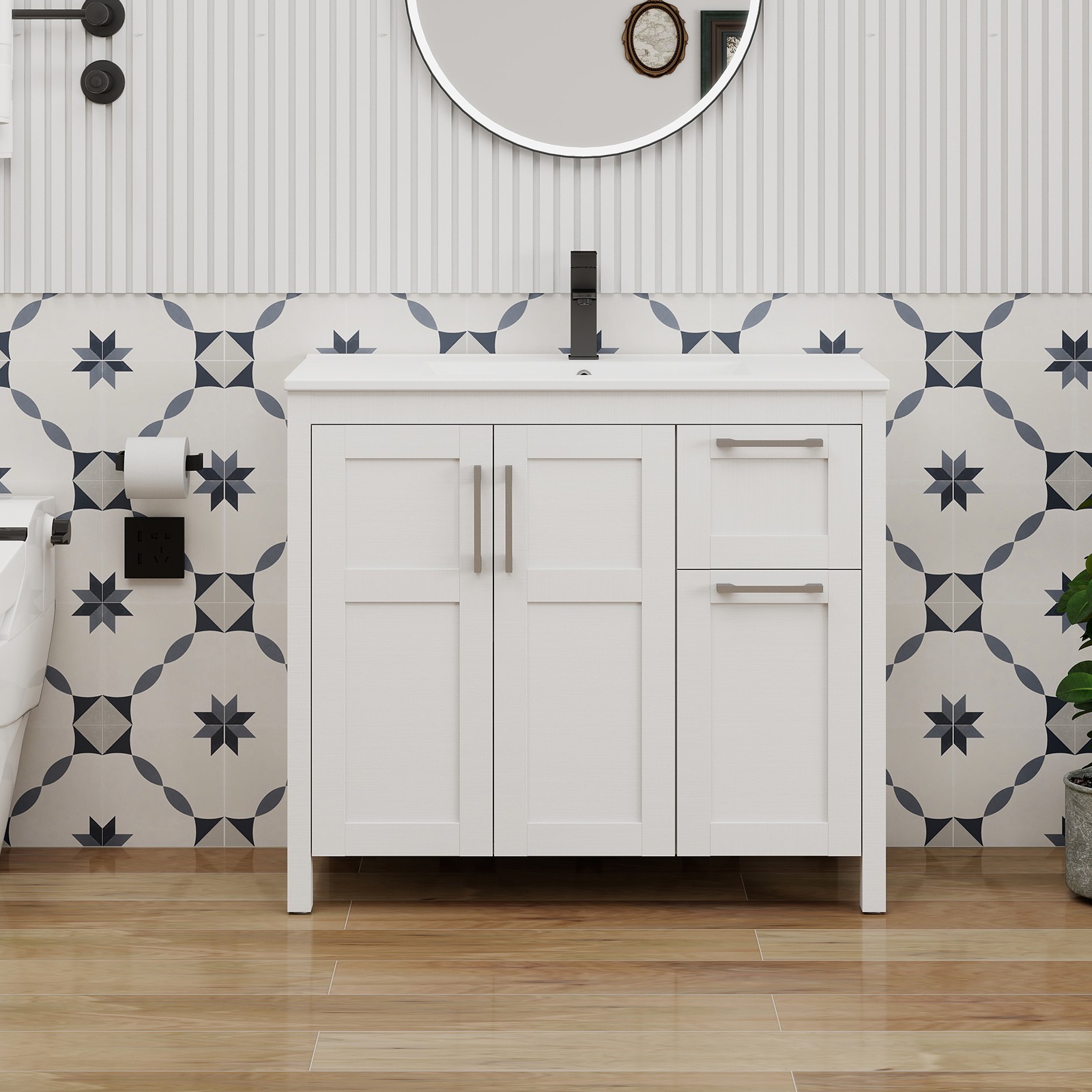 24/30/36 Inch Bathroom Cabinet with Ceramic Sink, 2 Soft-Close Doors & 2 Drawers