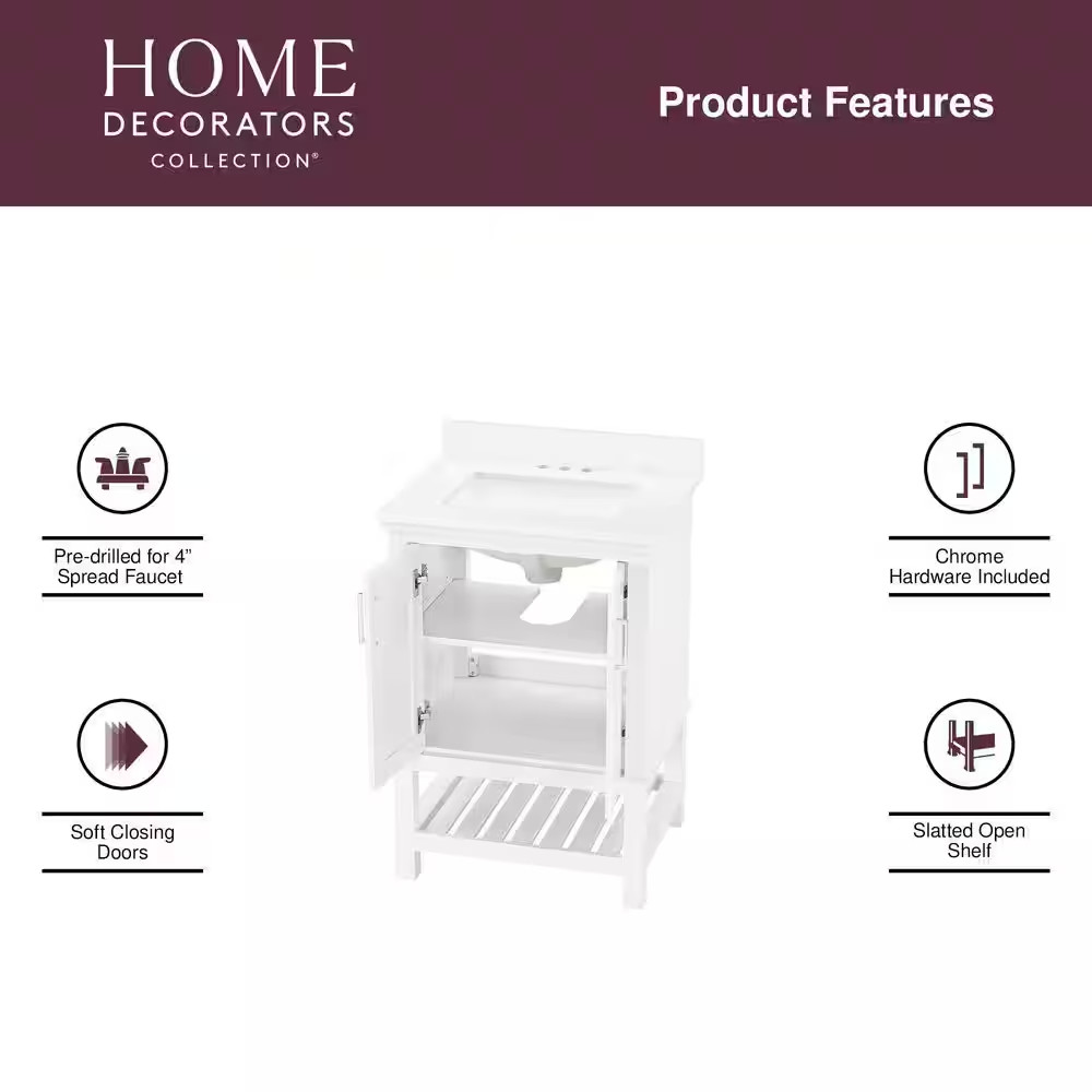 Tupelo 24 In. Single Sink Freestanding White Bath Vanity with White Engineered S