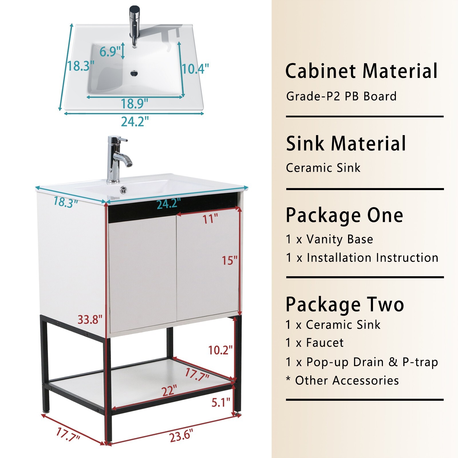 24″ Bathroom Vanity with Sink Floor Stand Storage Cabinet Set & Faucet Combo