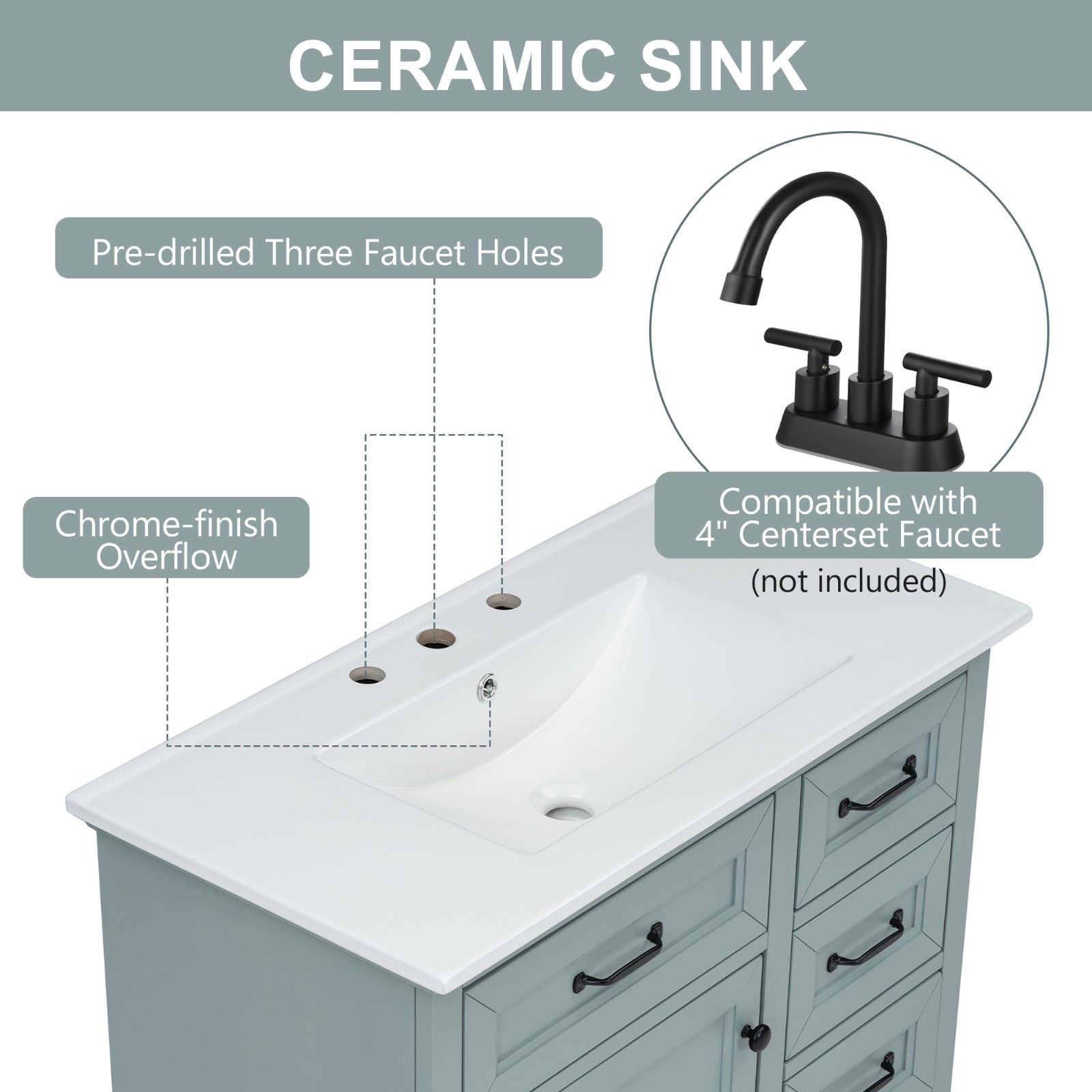 36″ Bathroom Vanity With Ceramic Sink Storage Drawers Doors 3 Faucet Holes