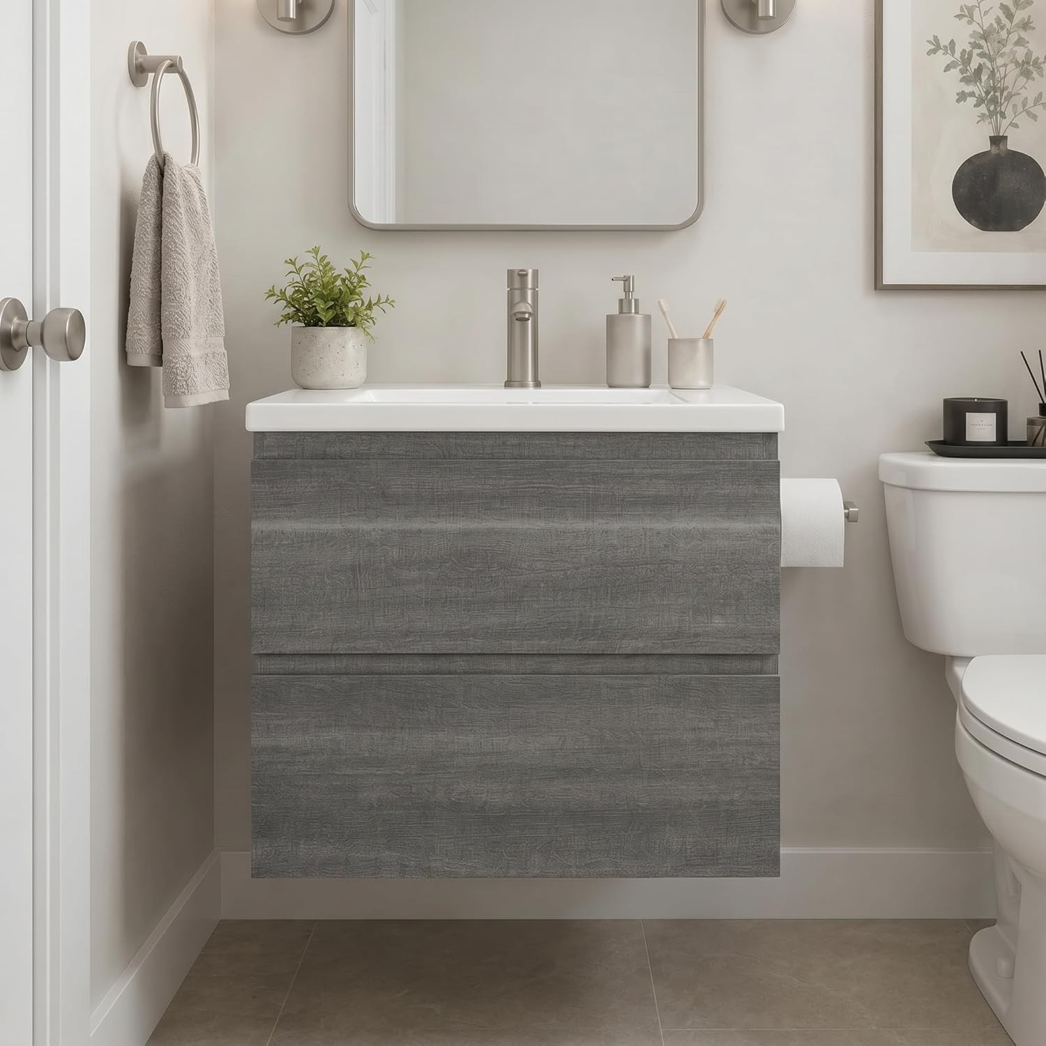 24 Inch Floating Bathroom Vanity with Sink, Gray Wall Mounted Vanity Cabinet