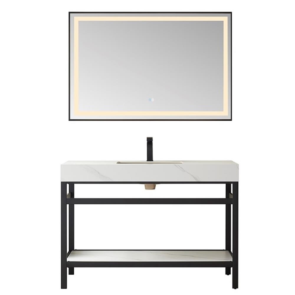 Funes 48″ Single Sink Bathroom Vanity in Matte Black Frame White Top w/ Mirror