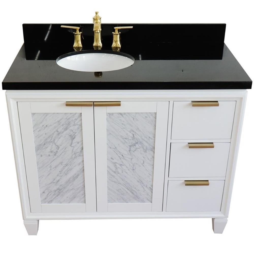 Pemberly Row 43″ Solid Wood Vanity with Left Oval Sink in White/Black Galaxy