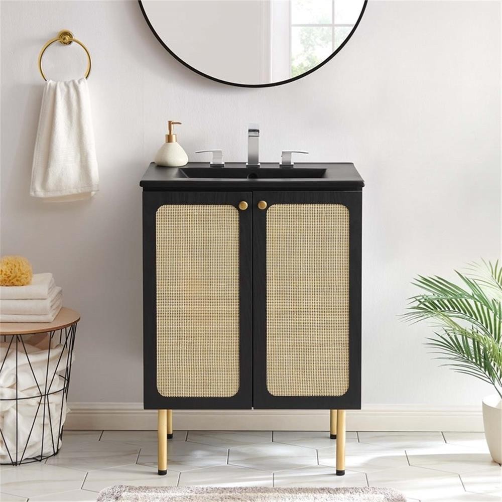 Modway Chaucer 24″ Wood & Rattan Bathroom Vanity with Adjustable Shelf in Black