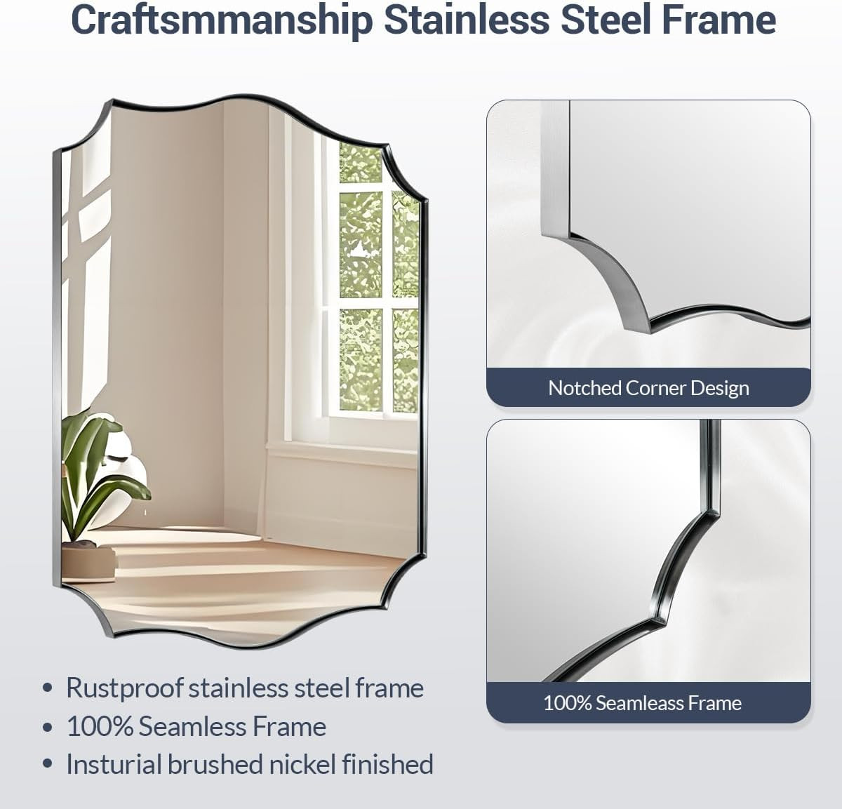 Brushed Nickel Scalloped Bathroom Mirror 24×32″ – Vintage Wavy Edge Design