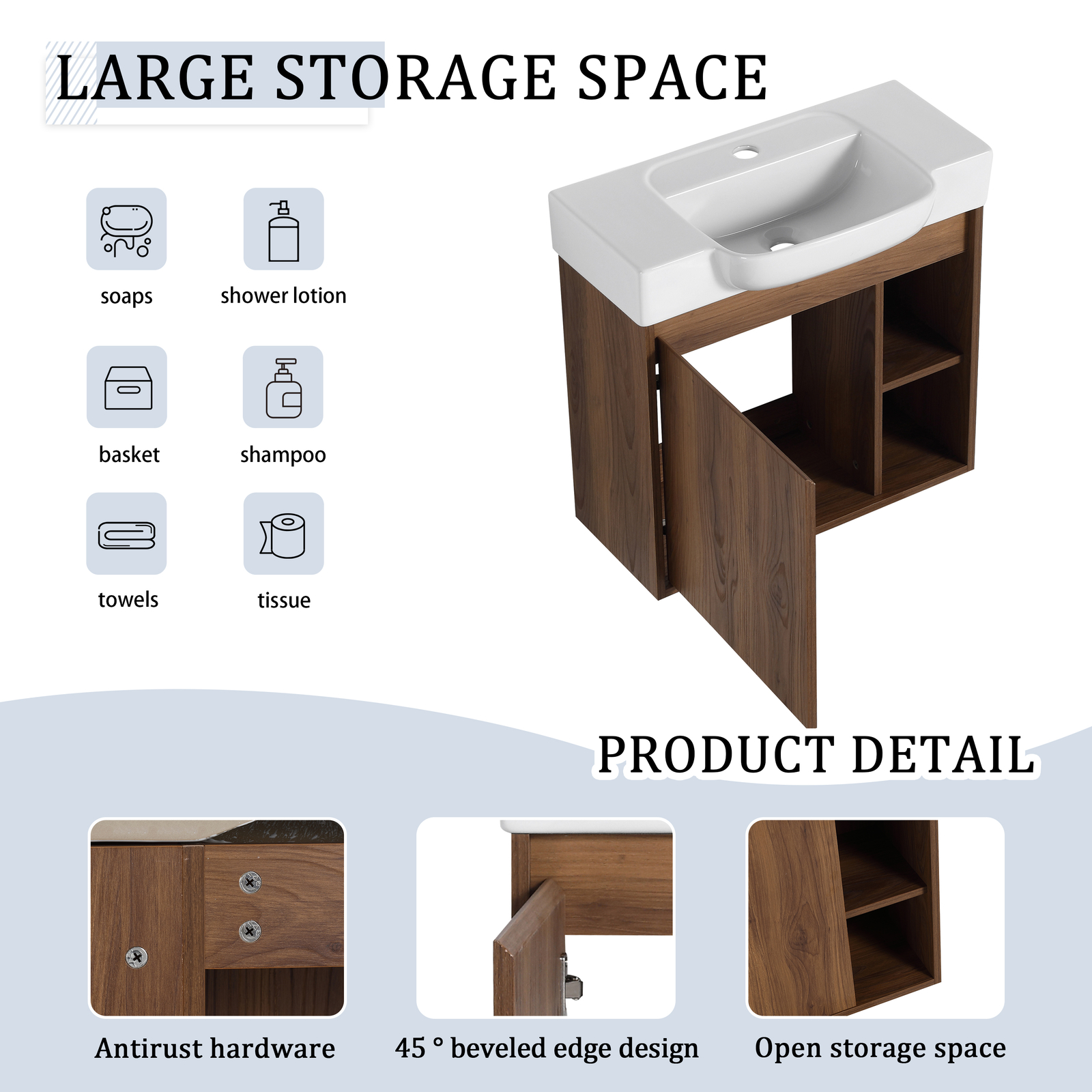 24in Plywood Wall-Mounted Bathroom Vanity W/ Ceramic Sink Basin and Shelf Brown