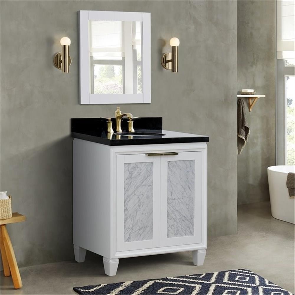Trento 31″ Single Oval Sink Solid Wood Vanity in White/Black Galaxy