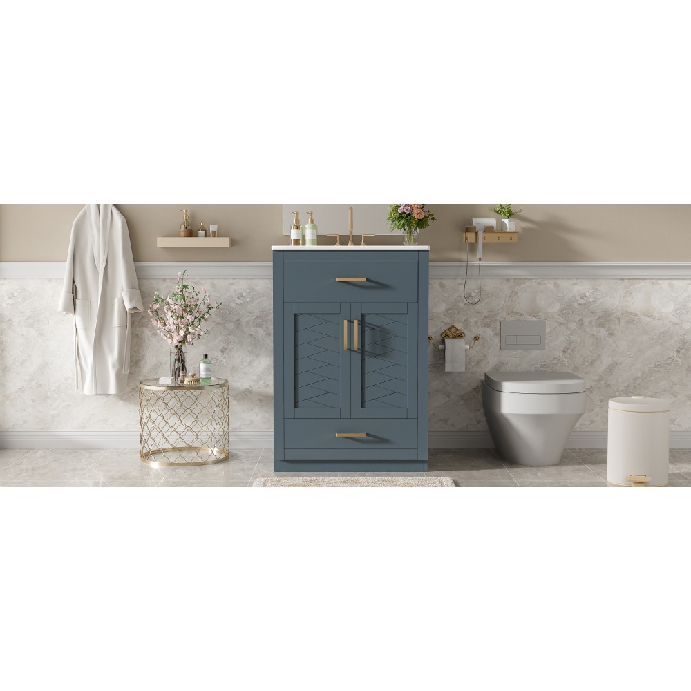 24in Bathroom Vanity Integrated Ceramic Sink 2 Doors 1 Tip-out Drawe