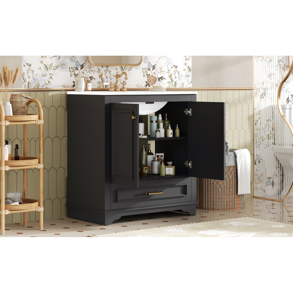 30″ Solid Wood Bathroom Vanity w/Ceramic Sink,2 Soft Close Doors,Storage Cabinet