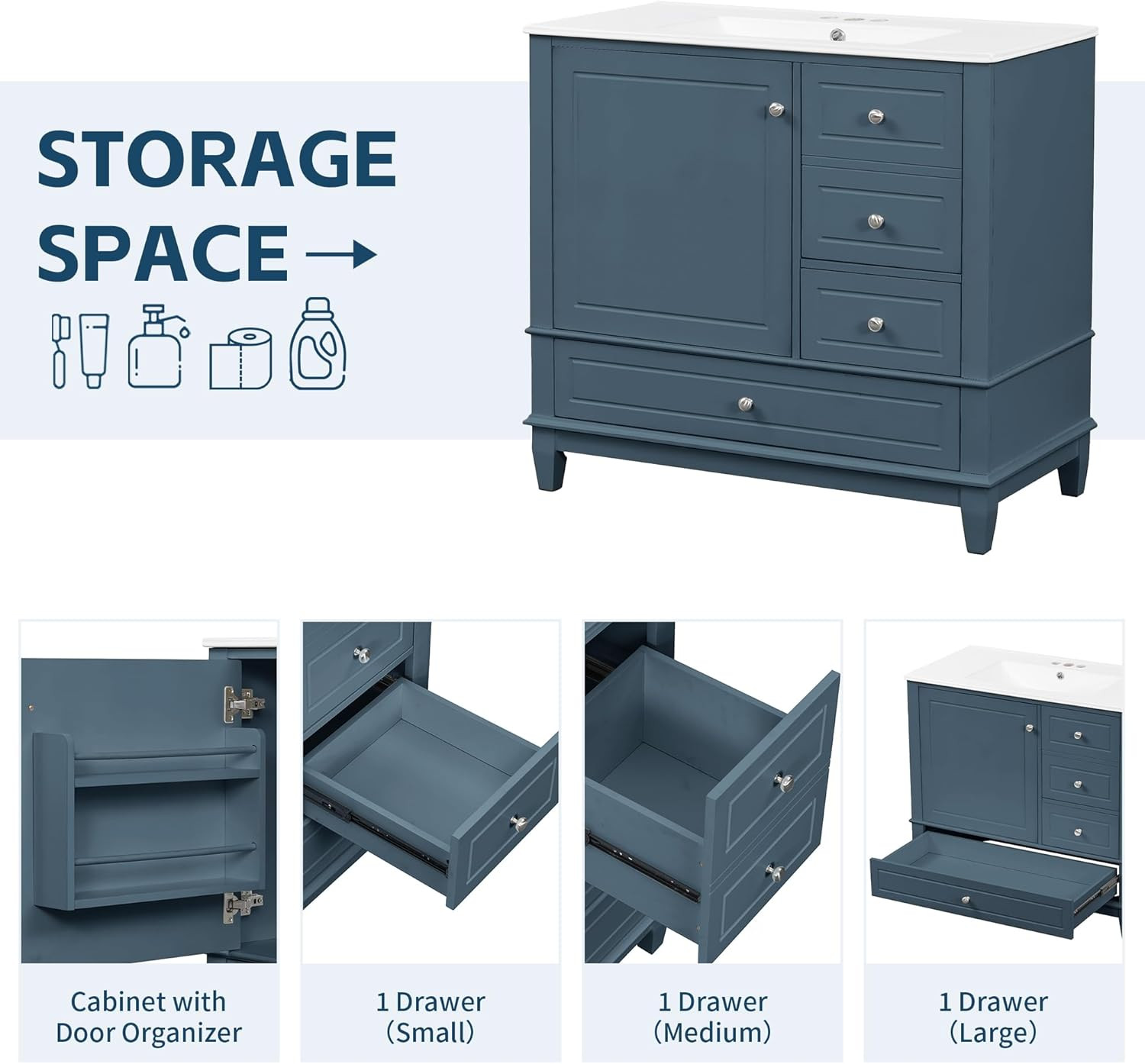 36″ Blue Gray Bathroom Vanity with Sink, Soft Close Doors & Storage Drawers