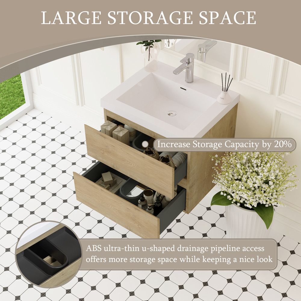 24″ 30″ 36″ Wall Mounted Bathroom Vanity with Sink, Floating Cabinet, 2 Drawers