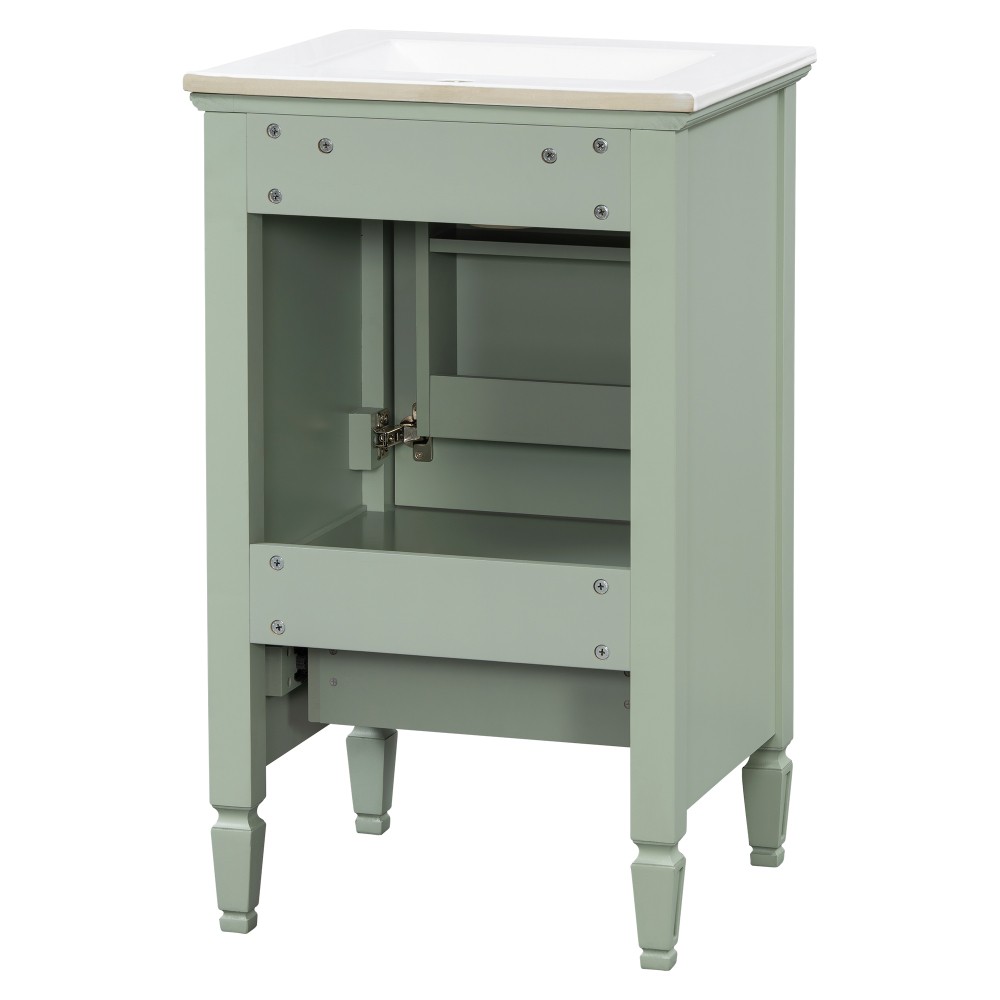 20″ Green Bathroom Vanity, Ceramic Sink, Solid Wood Legs, Soft-Close, Storage