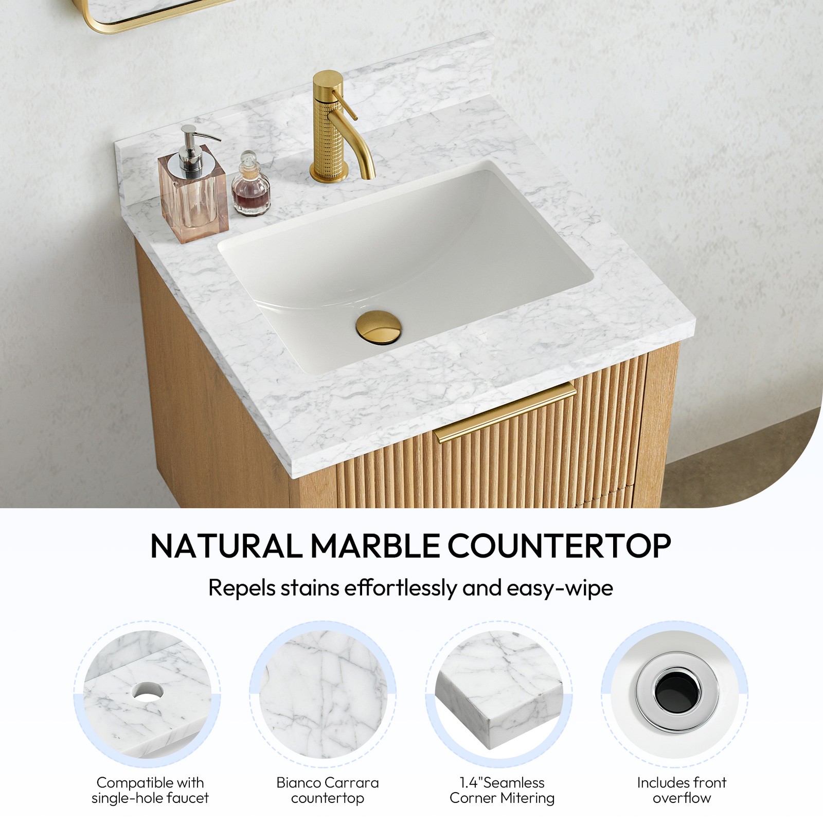 Zevio 25″W x 22″D Natural Marble Vanity Top in Carrara White with Ceramic Sink