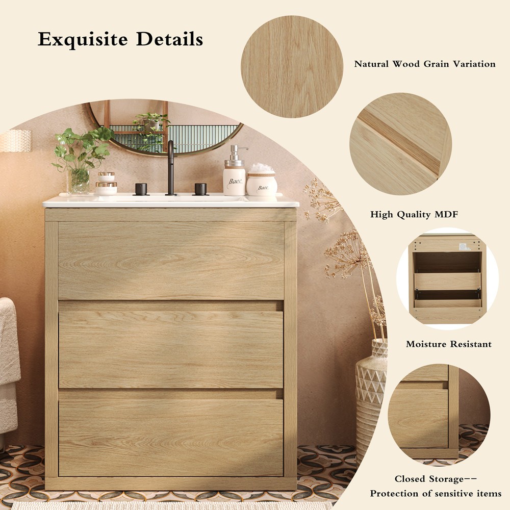 30″ Bathroom Vanity w/ Ceramic Sink, Freestanding Bath Vanity Cabinet, 2 Drawers