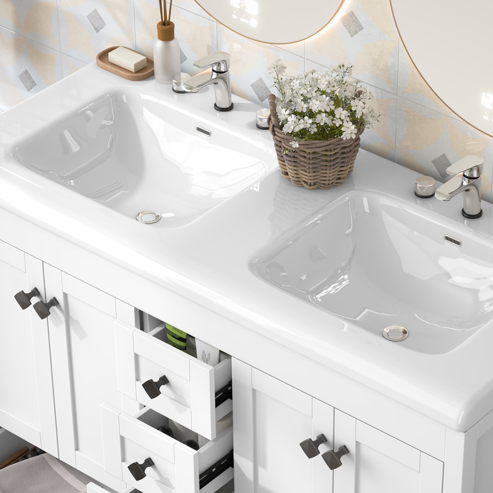 Large Luxury Double Basin Vanity Set w/ Soft Close Drawers & Waterproof Cabinet
