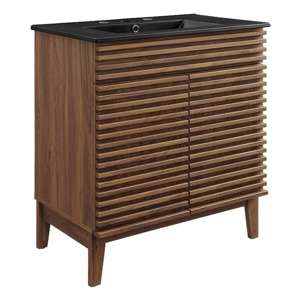 Modway Render 30″ Modern Wood/Ceramic Bathroom Vanity in Walnut/Black
