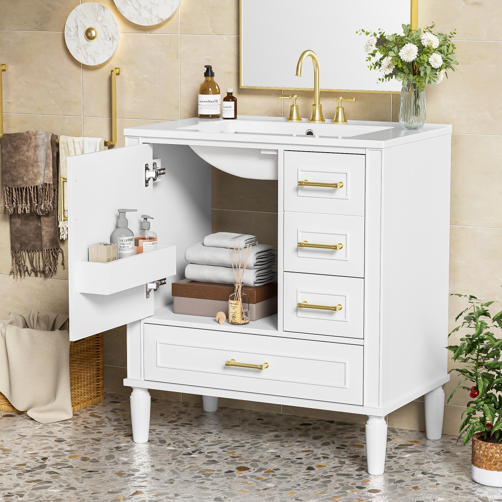 30″ Solid Wood Bathroom Vanity Ceramic Sink Soft Close Door Bath Storage Cabinet