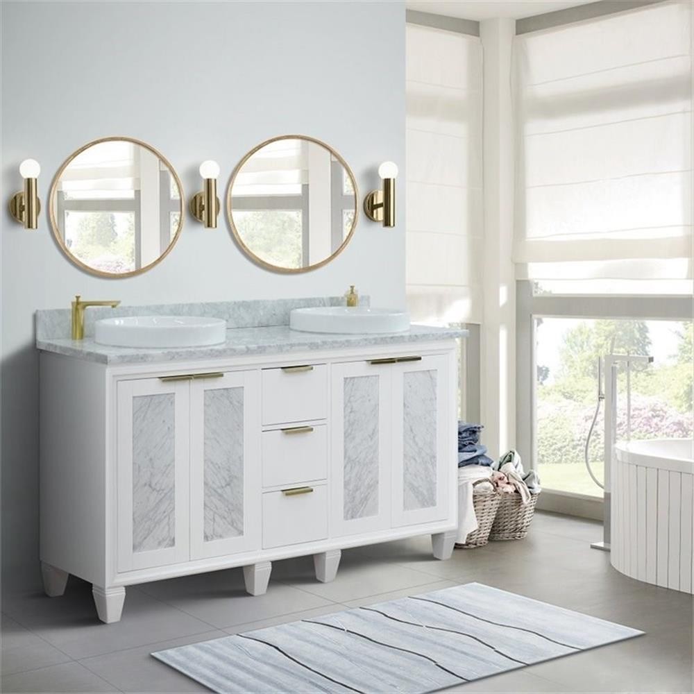Pemberly Row 61″ Double Round Sink Solid Wood Vanity in White/White Carrara