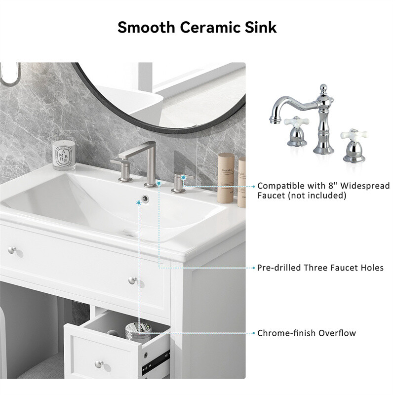 30″ White Bathroom Vanity with Ceramic Sink Set Storage Cabinet w/Door & Drawers
