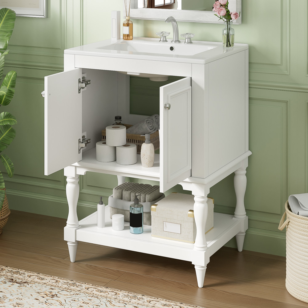 24″ Modern Bathroom Vanity w/ Ceramic Sink & Storage, White