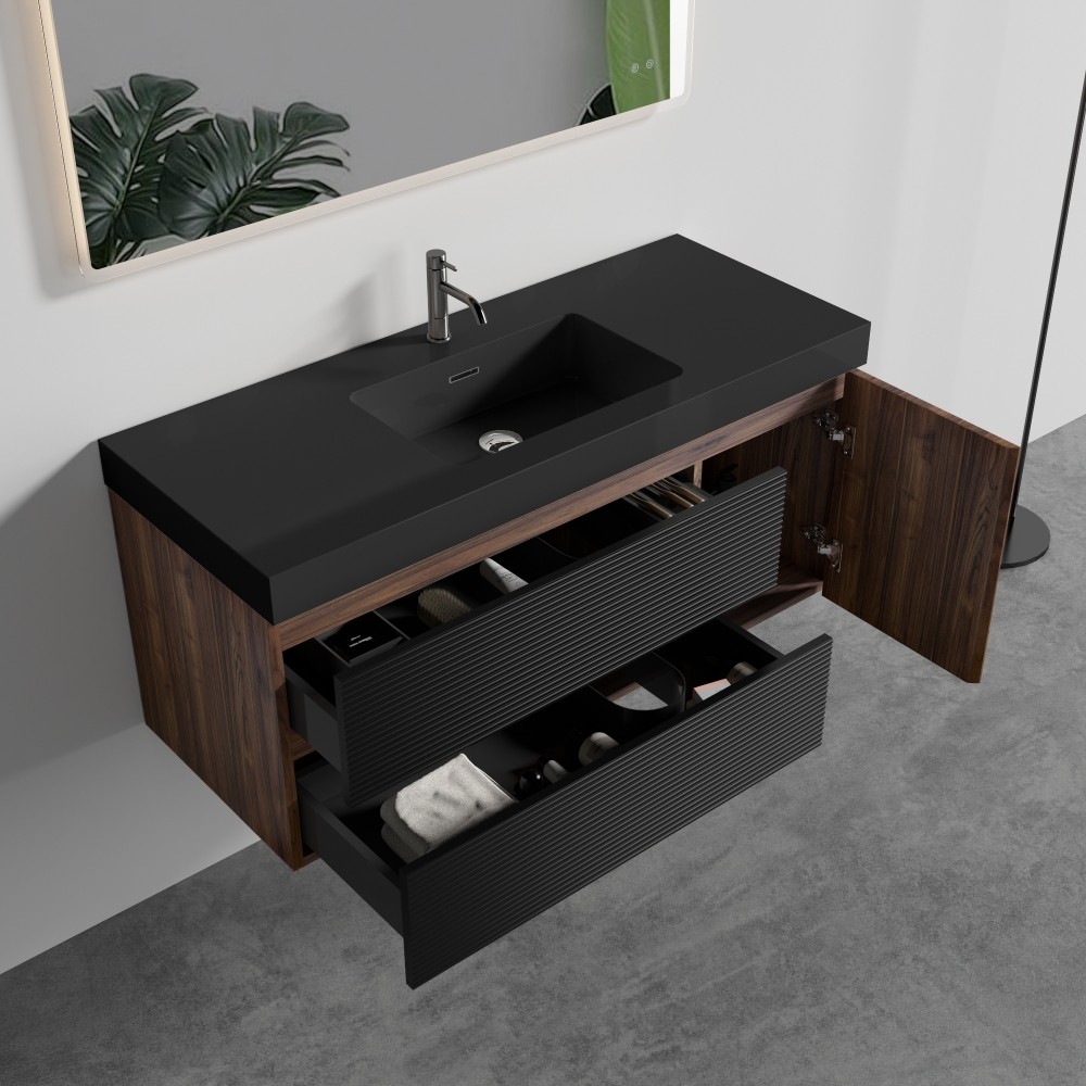 48″ Walnut Bathroom Vanity with Matt Black Engineered Quartz Sink and Soft Black