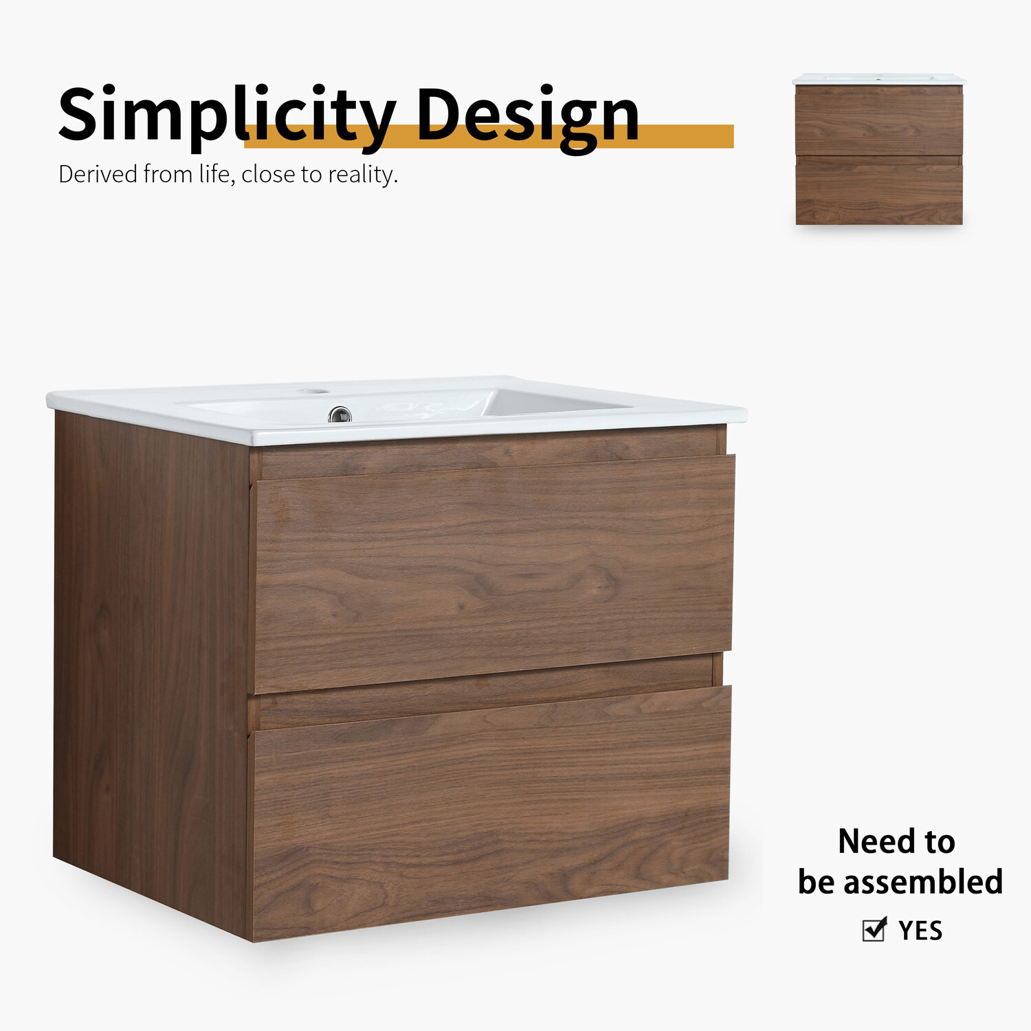 24″ 30″ 36″ Wall Mounted Bathroom Vanity w/Sink,Floating Vanity Cabinet,2 Drawer