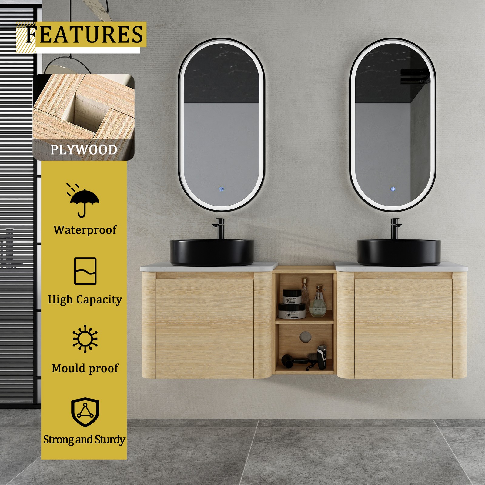 60 in Floating Bathroom Vanity Cabinet 2x Black Ceramic Sink Basin +Open Shelves
