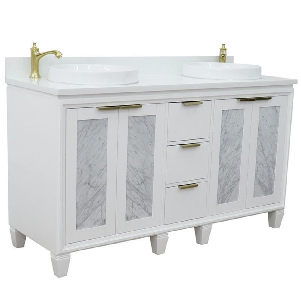 Pemberly Row 61″ Double Round Sink Solid Wood Vanity in White/White Quartz Stone