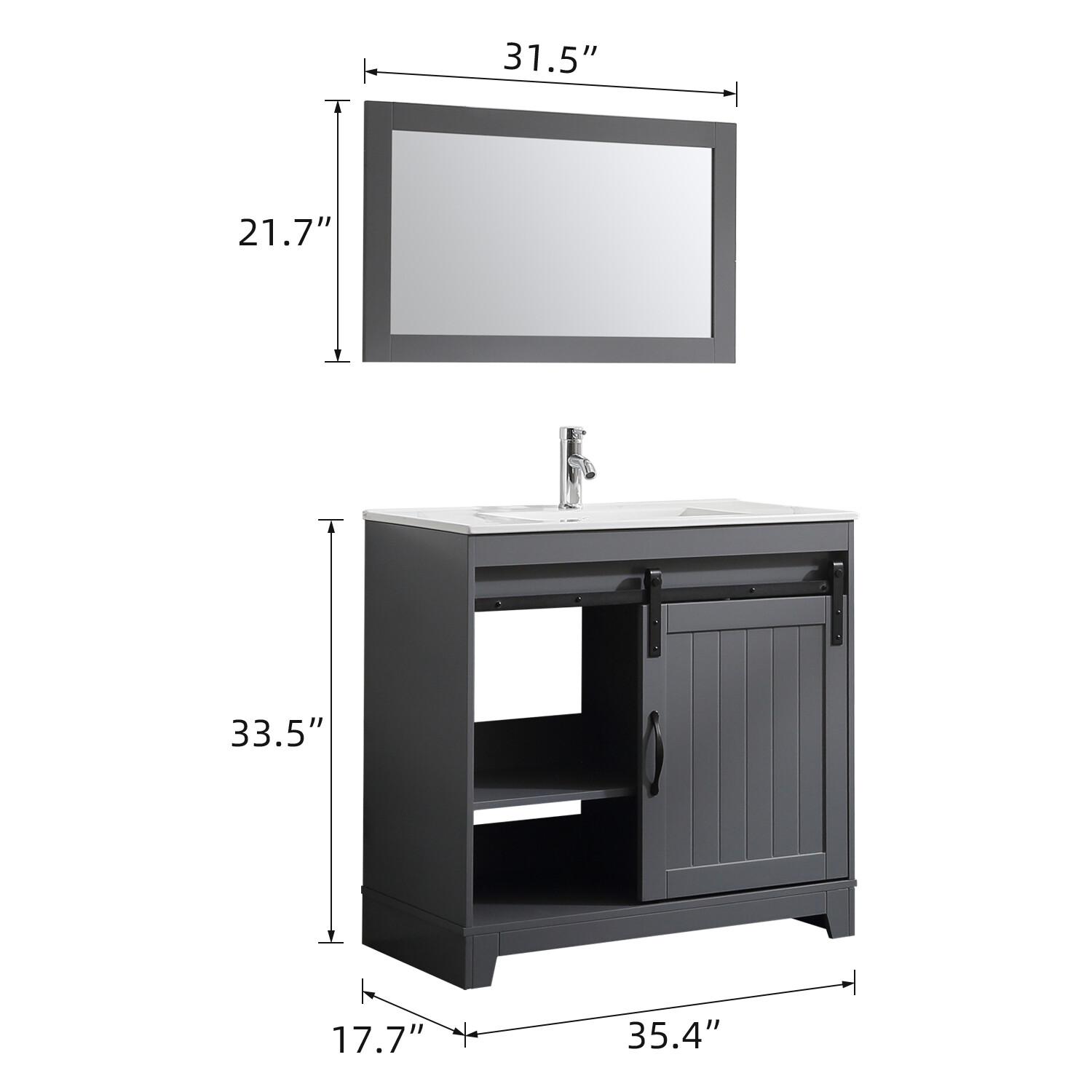 36″ Sliding Door Bathroom Vanity w/ Undermount Sink Faucet Mirror Gray Modern